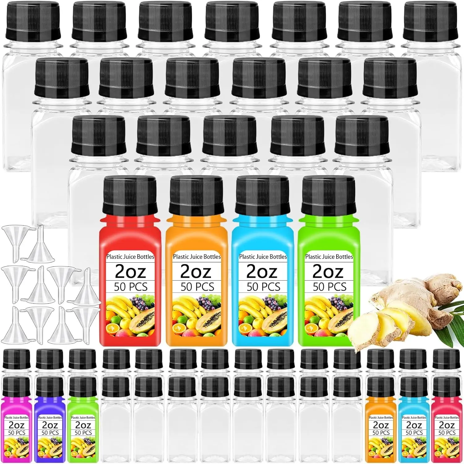 50PCS 2oz Small Plastic Shot Bottles with Caps,Clear Empty Plastic Juice Bottles with 10 Funnels,Small Leak-Proof Juice Containers for Drink Milk Beer Coffee Liquid Beverages