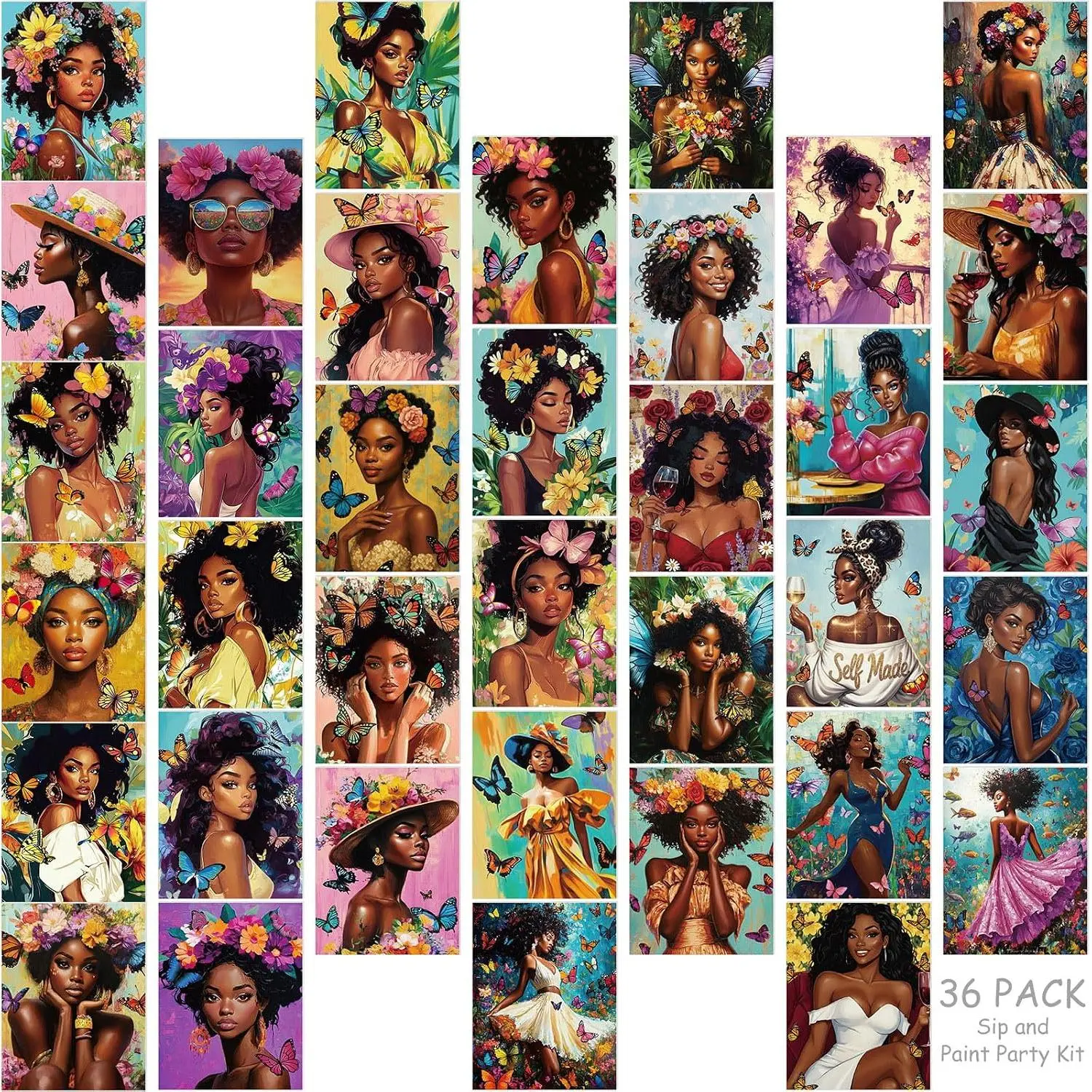 36 count 8 x 10 Inch Pre Drawn Canvas for Painting Afro Flower Butterfly  Pre Stretched Canvas Painting for Adults Outline for Sip and  Party Supplies Favor (Butterfly )