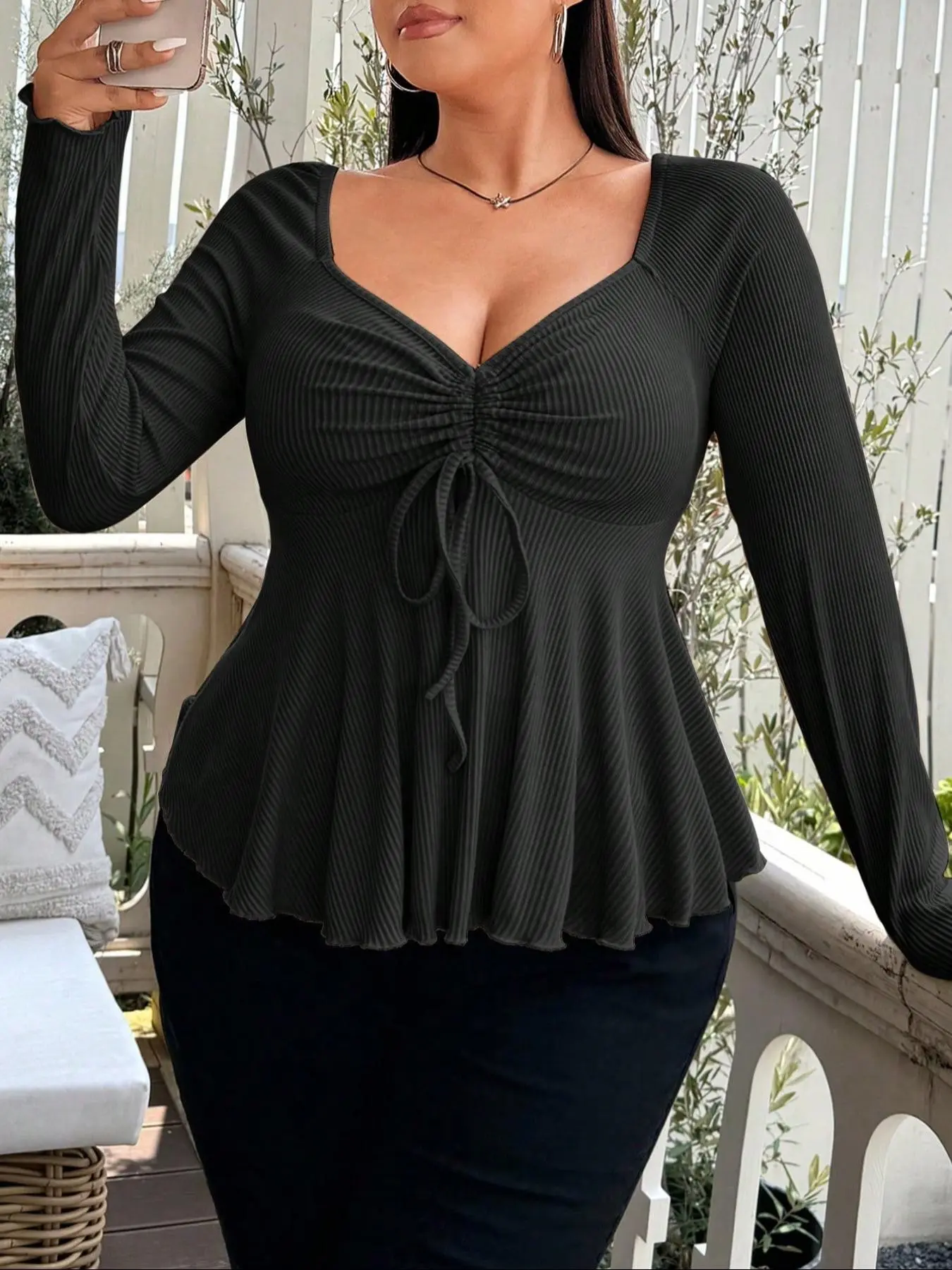 Plus Size Spring Summer Deep V Drawstring Ruched Top, Ribbed Waist Slimming Sexy Peplum Long Sleeve Shirt, Elegant Plain Style, Adjustable, Feminine, Aesthetic