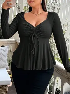 Plus Size Spring Summer Deep V Drawstring Ruched Top, Ribbed Waist Slimming Sexy Peplum Long Sleeve Shirt, Elegant Plain Style
