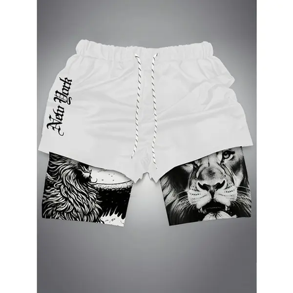 New York Lion 2 in 1 Gym Shorts Men Gothic Script NYC Lion Double Layer Athletic Shorts Men's New York Gothic Letter Lion Print 2 in 1 Compression Shorts Double Layer Quick Dry Gym Running Basketball Streetwear Shorts