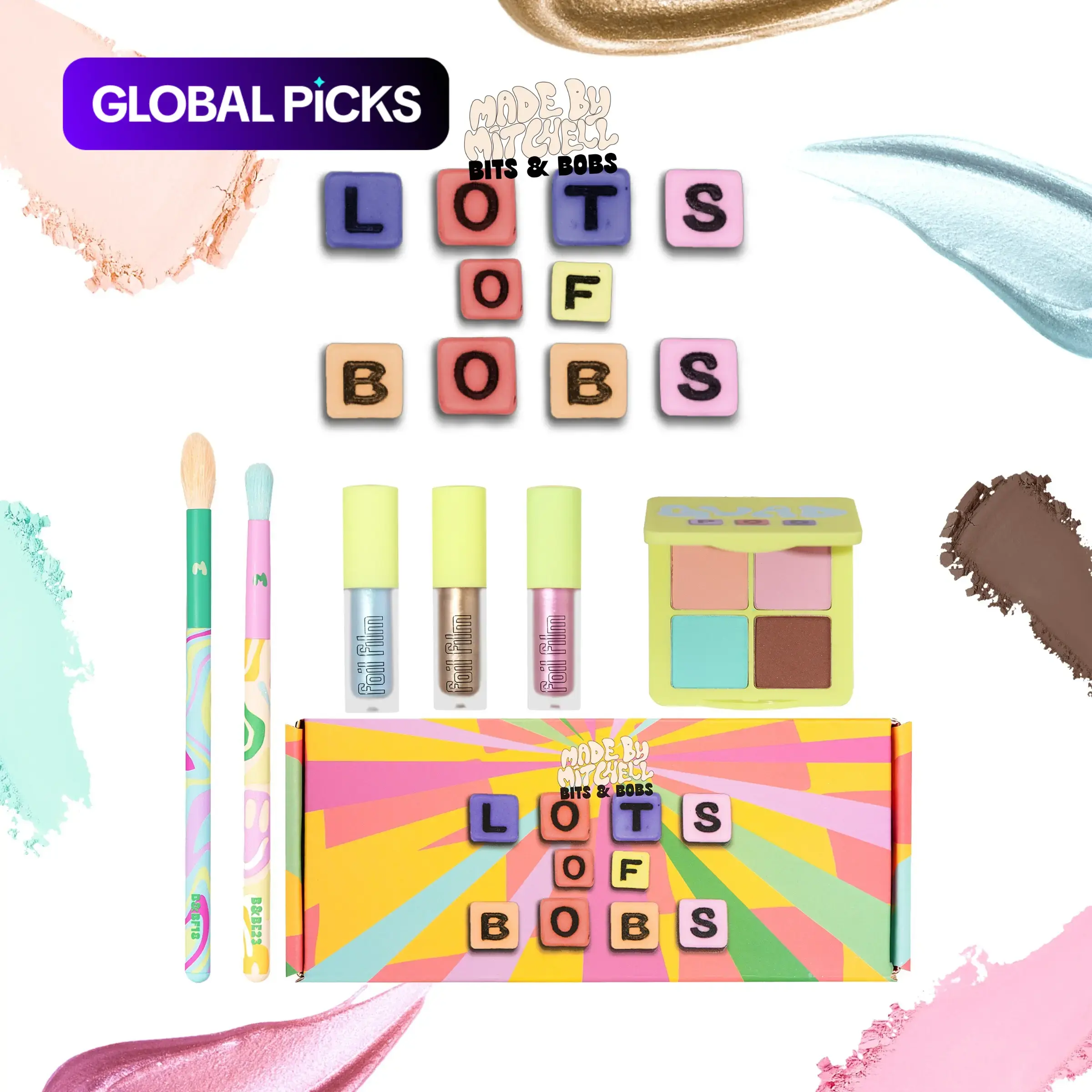 [Made by Mitchell] Bits & Bobs Cosmetic Collection – Lot of Bobs Eye Makeup Bundle | Quad Pod Palette, Foil Films & Brushes