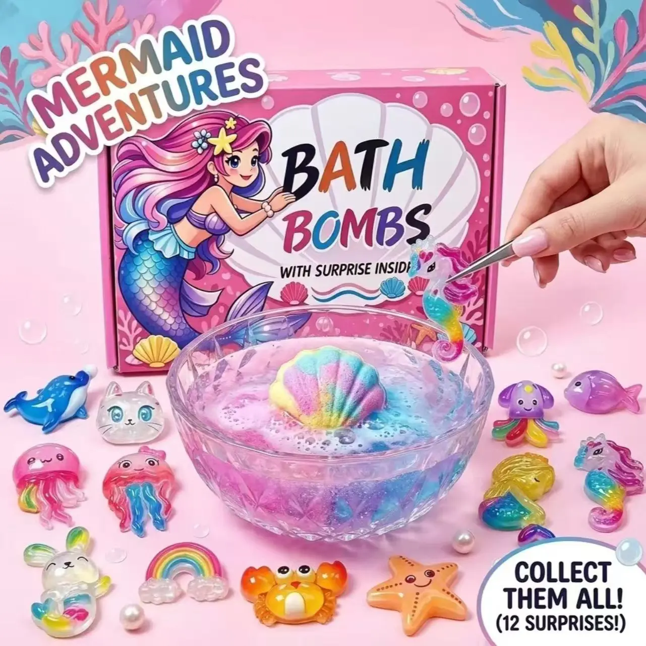 Dynor 2026 Kids Ocean Bath Ball Gift Set, Mermaid Bath Ball Kit with Surprise Toy Bathtoy, Easter Basket Filler, Gentle Foam Bath Balls