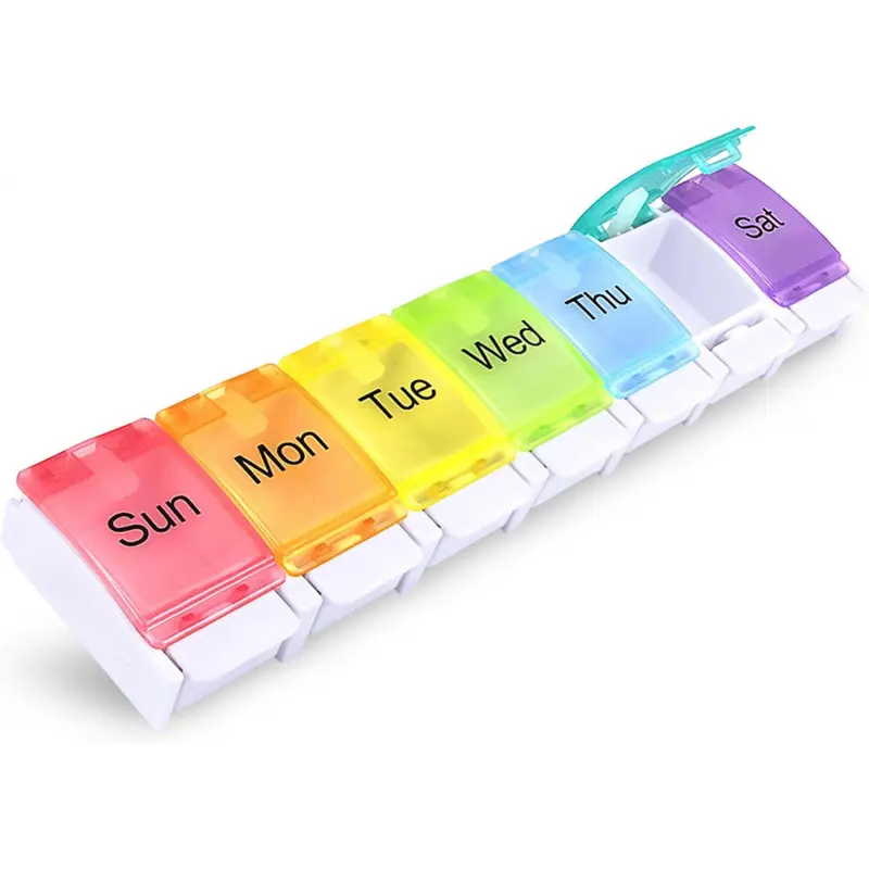 Weekly pill organizer, suitable for arthritis patients, 7-day travel pill box, spring-loaded opening design, large-capacity compartments, can store vitamins, cod liver oil, nutritional supplements, and medication, ideal for taking on the go