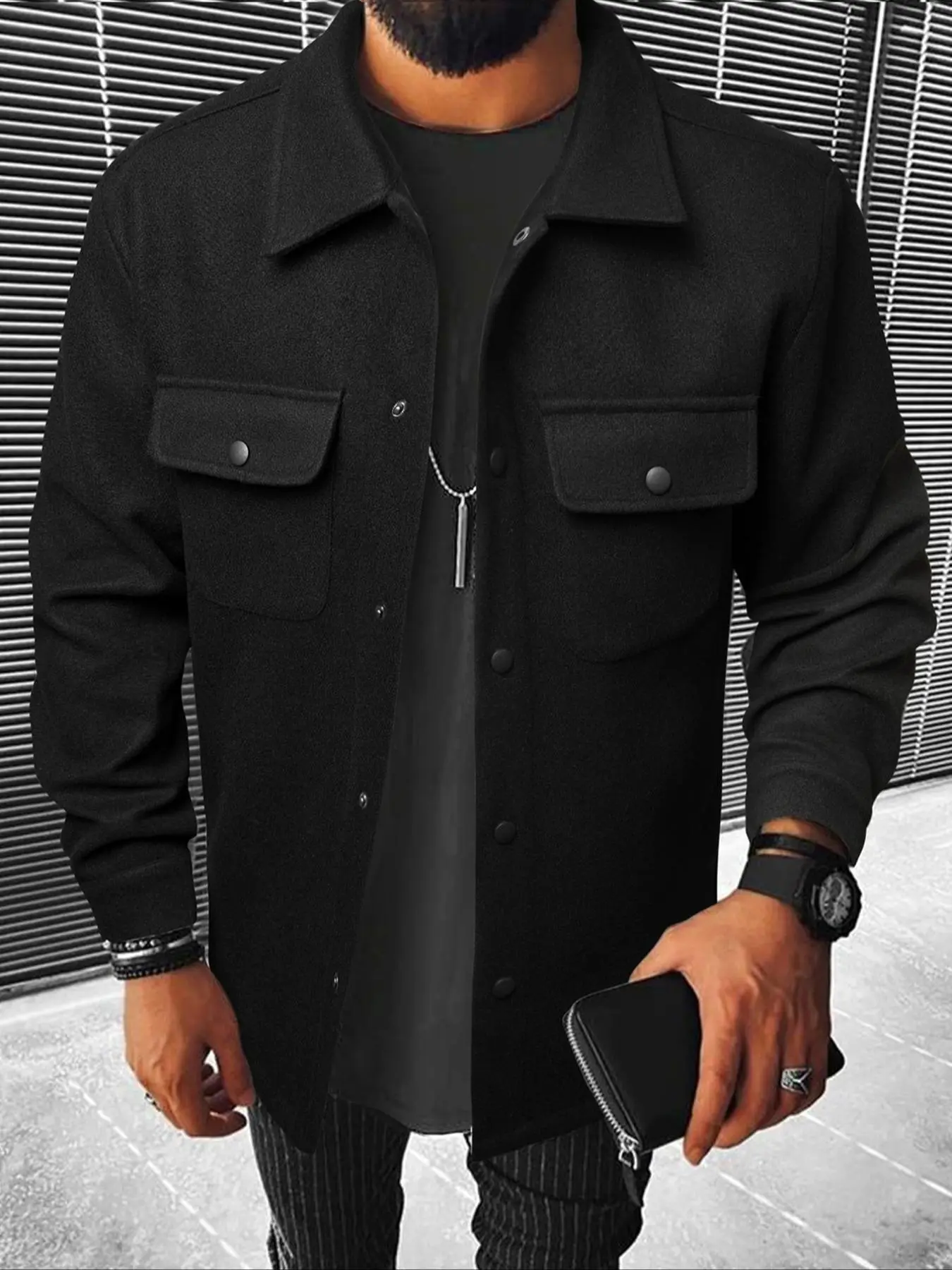 Men's Button Front Pocket Jacket, Casual Collared Long Sleeve Outerwear for Fall & Winter, Men's Tops for Daily Wear, Men's Drippy Outfits Going Out Outfit