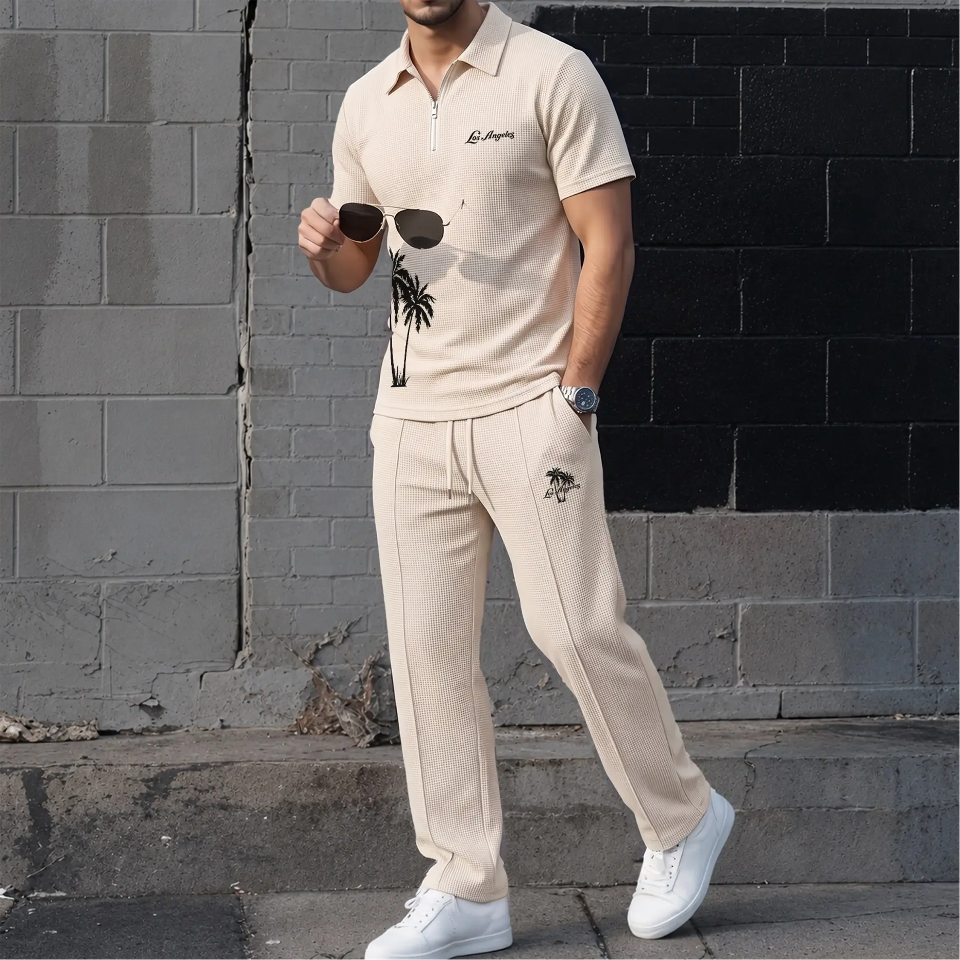 Men’s Los Angeles Palm Tree Print Waffle Fabric Zip Collar Polo Shirt and Pants Set, Short Sleeve Polo Top with Matching Drawstring Trousers, Casual Two Piece Outfit