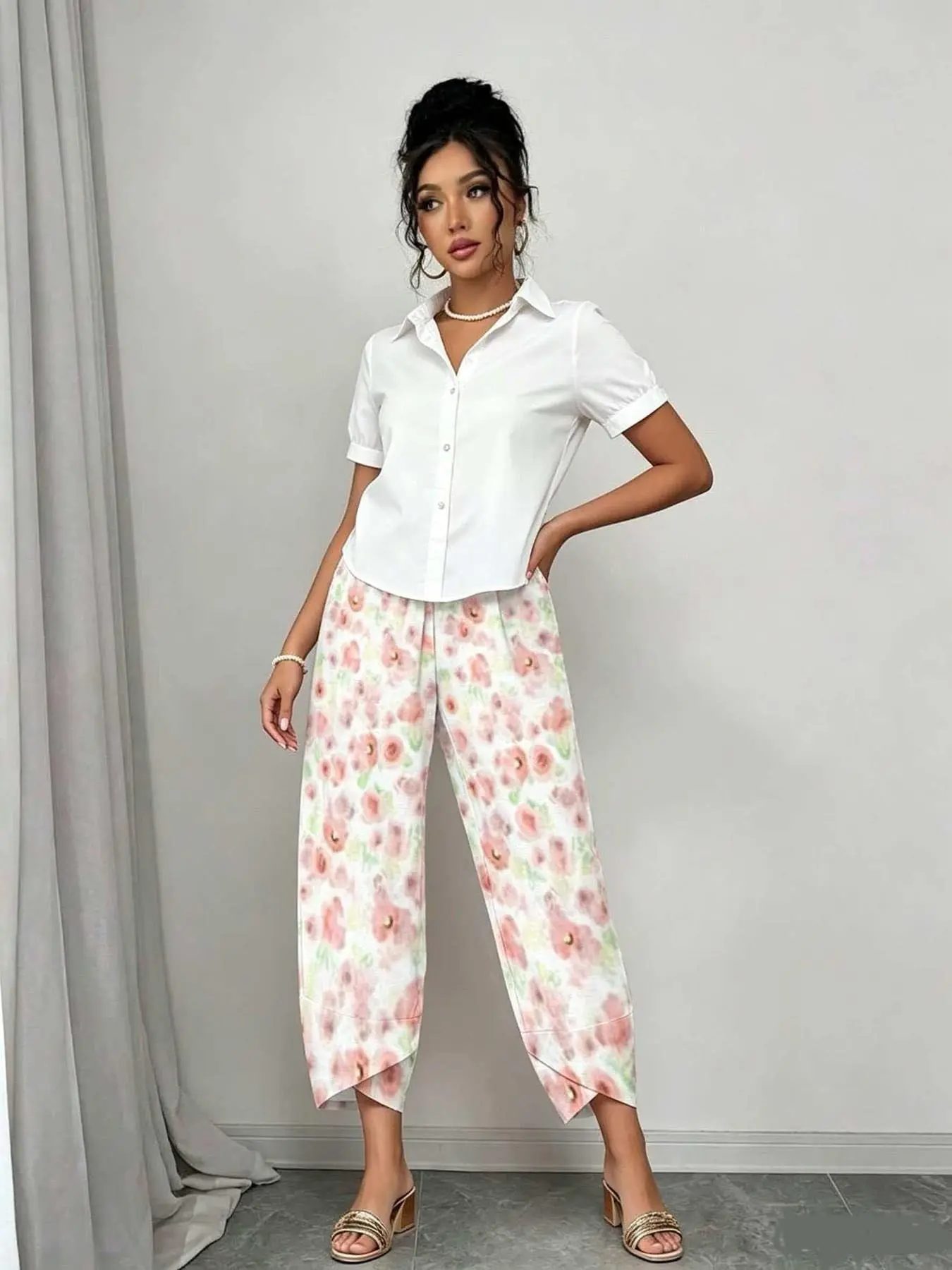 Printed Elastic Waist High-Waist Pants, Korean Style Soft Farmhouse Chic Design, Lightweight Floral Nine-Part Pants for Women, Spring Summer