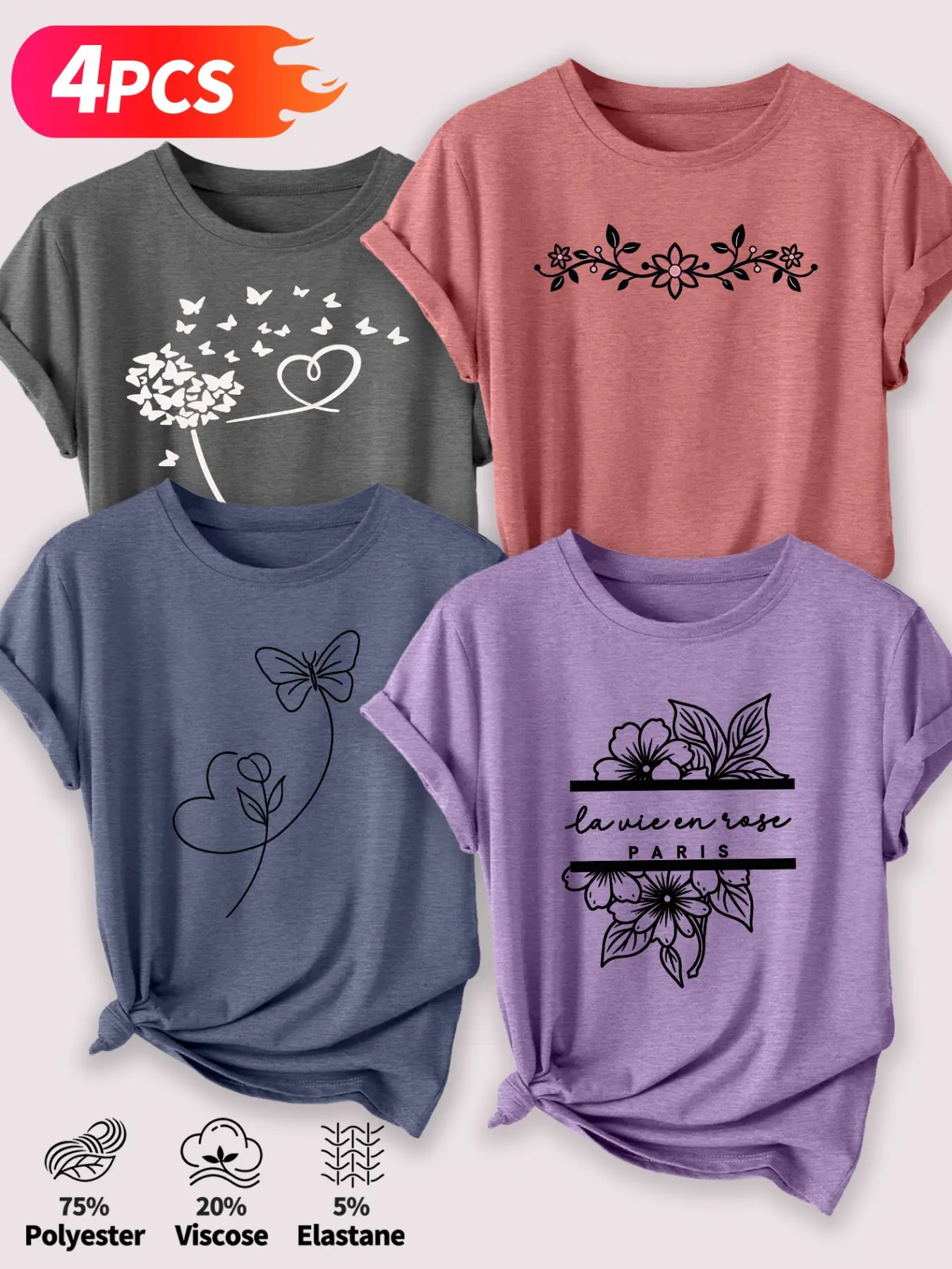 4Pcs Women Crew Neck T-shirt, Round Neck, Dandelion Butterfly French Floral La vie en rose Minimal Line Art Print, Multi-color Soft Fashion Casual Ladies Tees