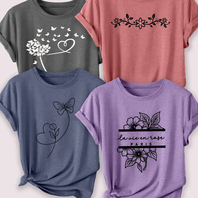 4Pcs Women Crew Neck T-shirt, Basic Casual Tops, Round Neck, Dandelion Butterfly French Floral La vie en rose Minimal Line Art Print, Multi-color Soft Fashion Casual Ladies Tees