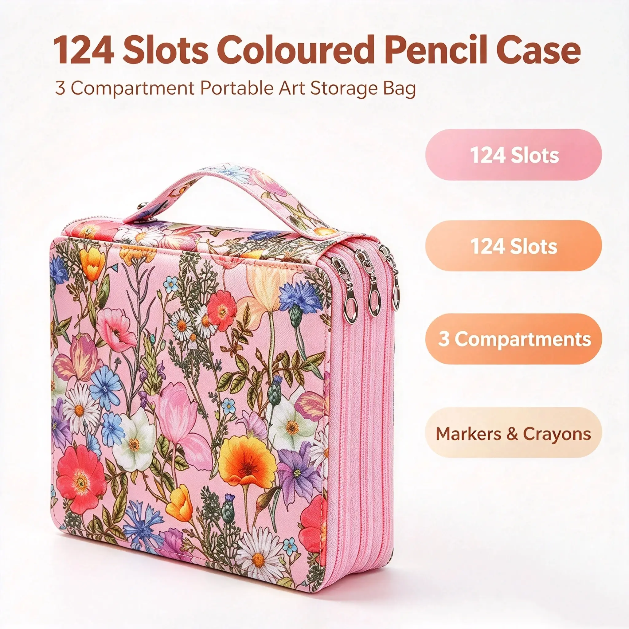 124 Slots Coloured Pencil Case, 3 Compartment Portable Art Storage Bag, Classroom Supplies for Markers, Crayons, Artists & Students