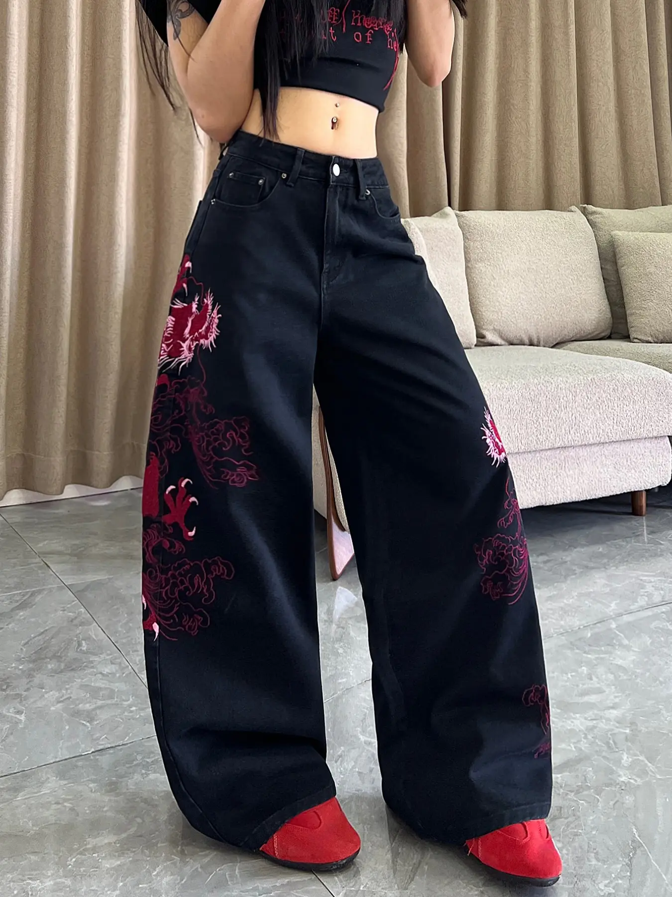 1pc Dragon Pattern Embroidered Jeans, Wide Leg Denim, Street Style Loose-Fit Oversize Baggy Wide Leg Pants, Comfortable Fashion Long Trousers for All Seasons