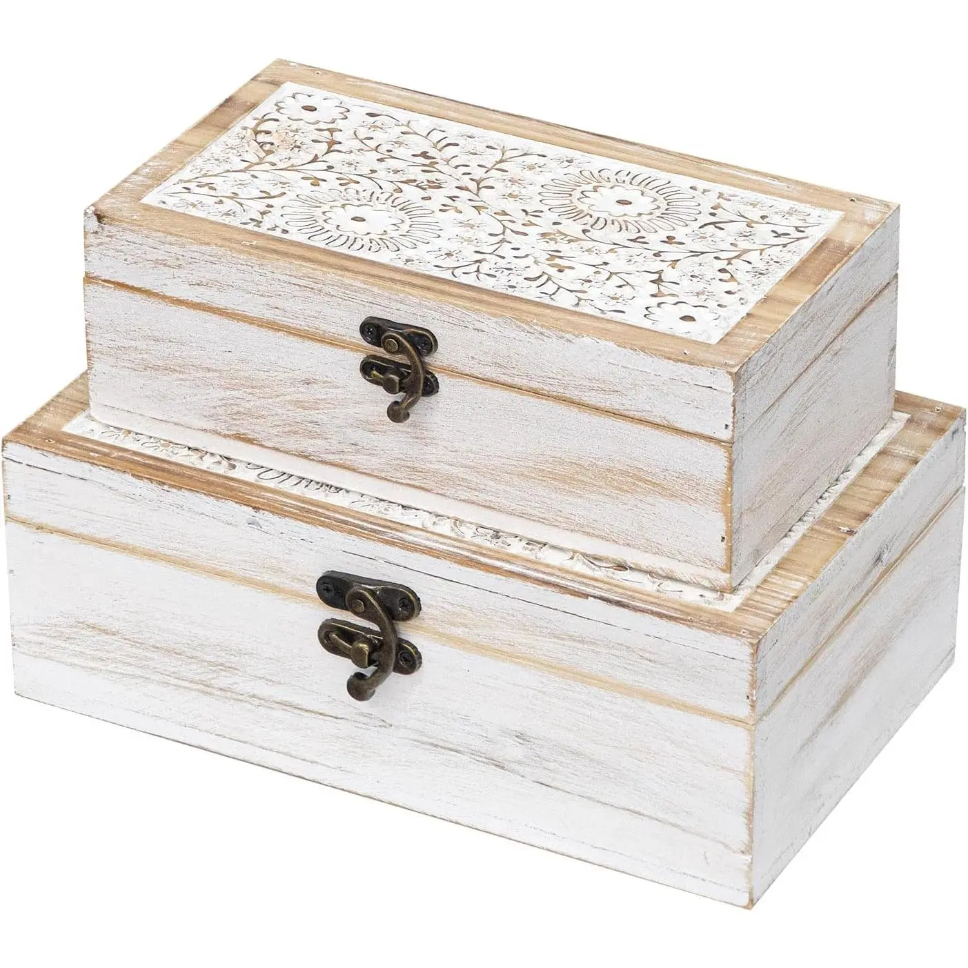 Rustic  Decorative Wooden Boxes, Set of 2  Box Decorative Boxes with Hinged Lid and Floral Carved Design,  Storage Box for  Decor (White)
