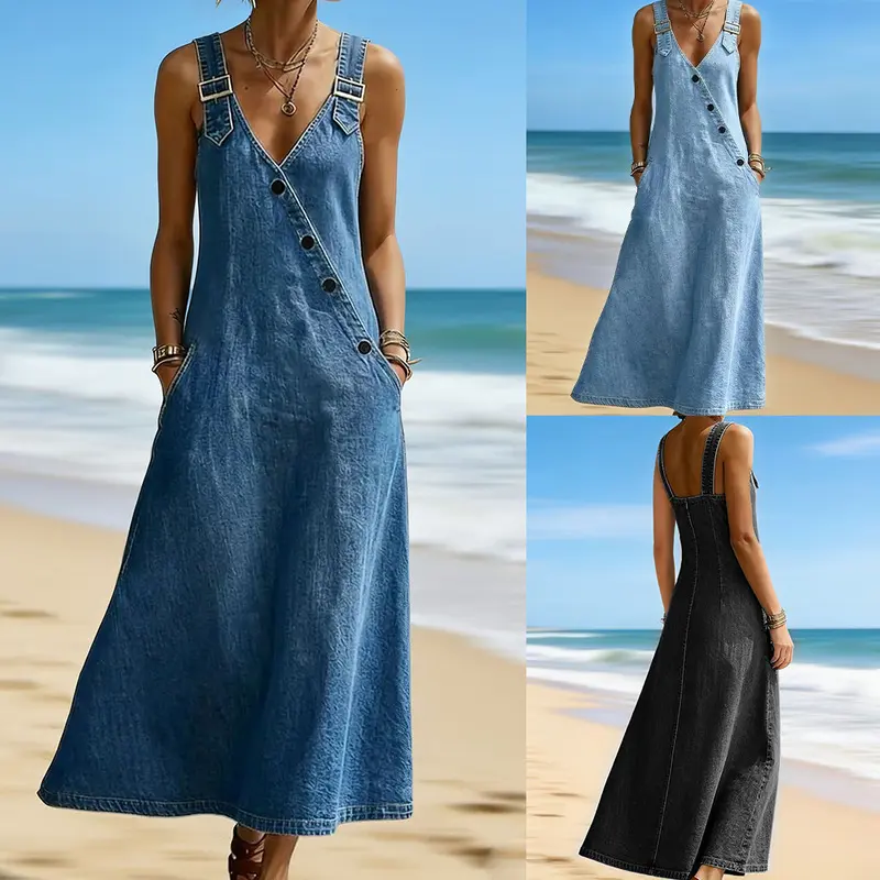 Women's Washed Denim Dress with V-Neck and Diagonal Buttons, Loose Fit Slimming Denim Overalls Dress