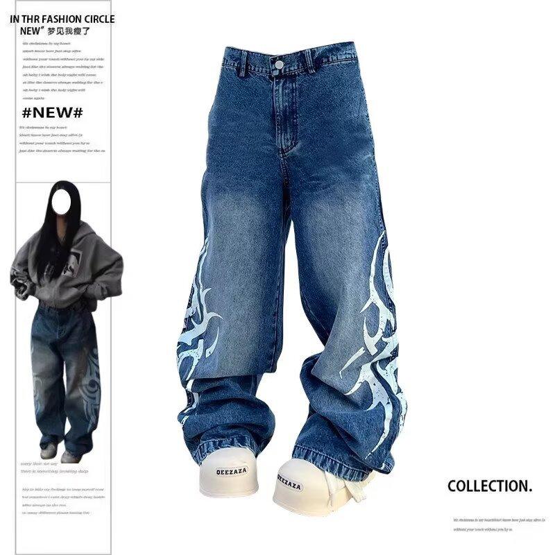 Men's Blade Totem Print Jeans, American Vintage Washed Distressed Denim, Loose Straight Wide-Leg Pants, Floor-Length Trousers