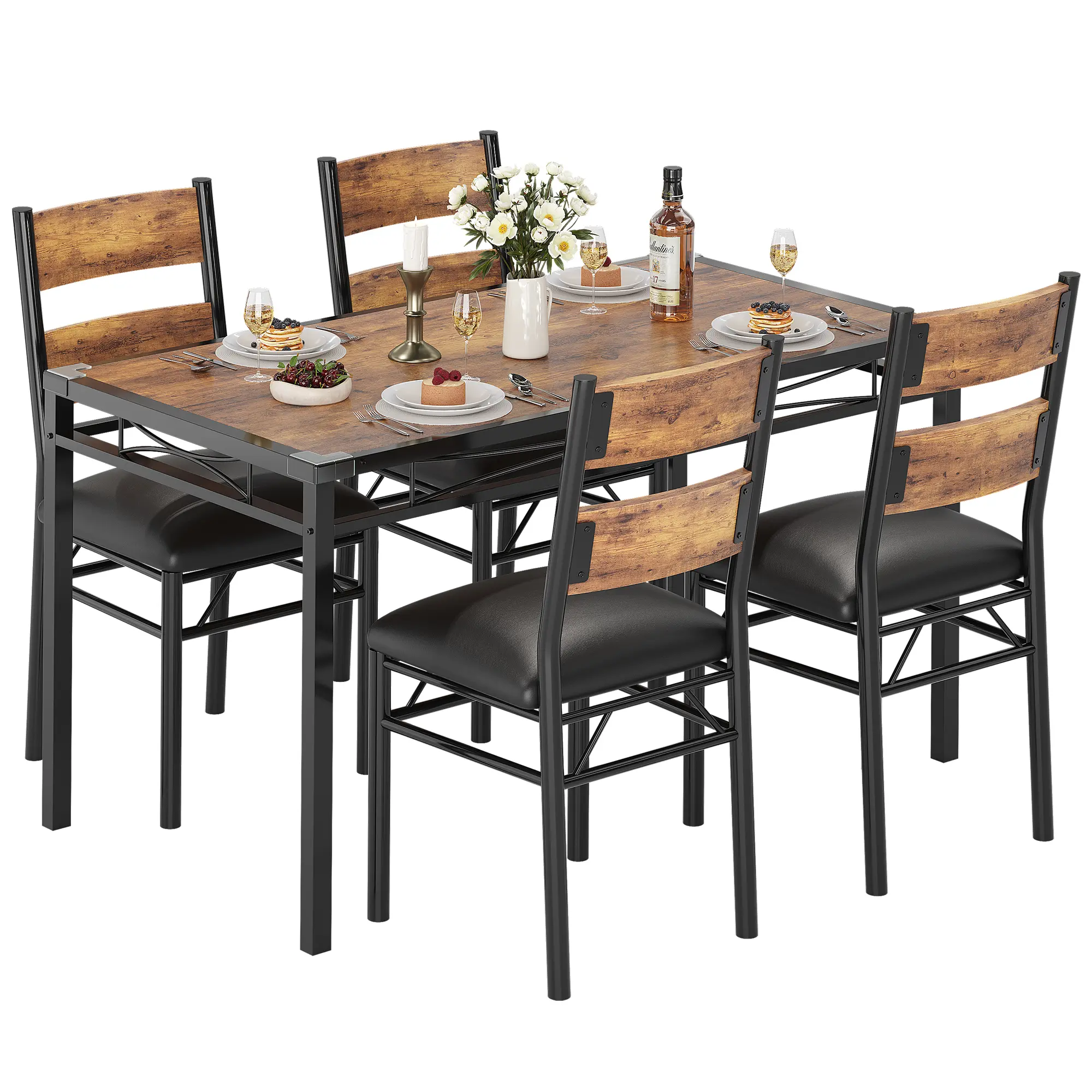 5-Piece Wood Dining Table Set for 4 with Upholstered Chairs & Corner Protectors, Retro Black Kitchen Set for Apartment
