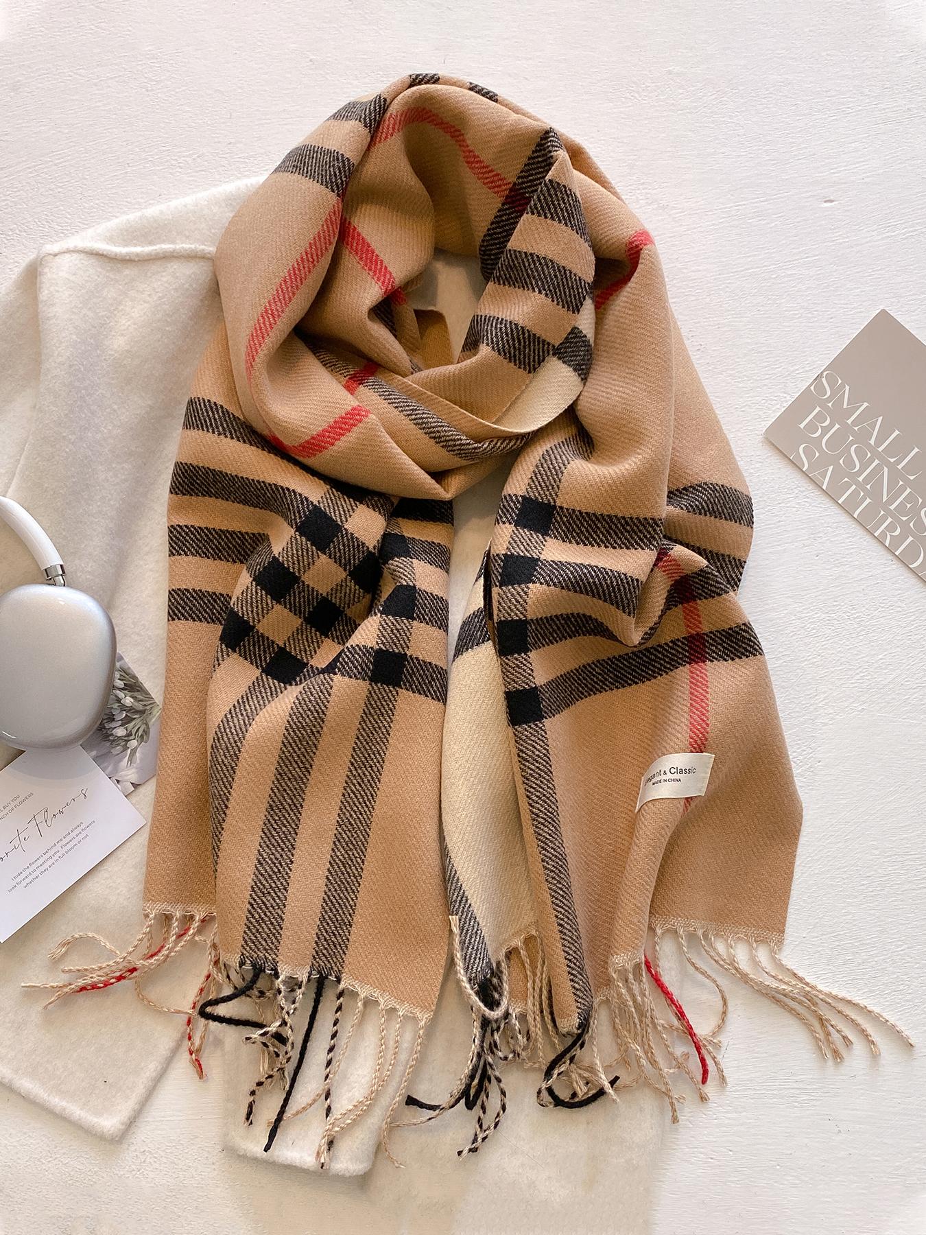 Women's Plaid Print Tassel Decor Scarf, Checkered Scarf, Casual Soft Warm Shawl for Fall & Winter, Fashion Accessories for Daily Wear