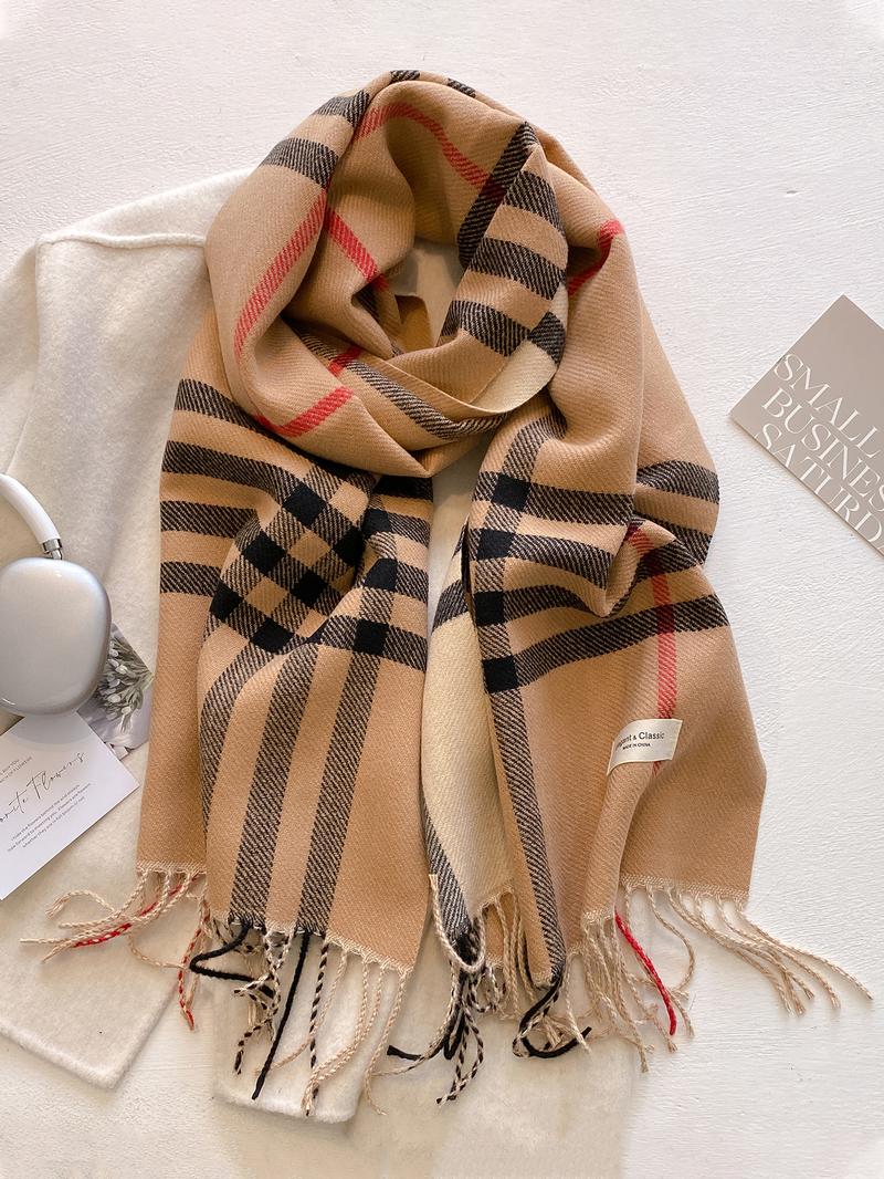 Women's Plaid Print Tassel Decor Scarf, Checkered Scarf, Casual Soft Warm Shawl for Fall & Winter, Fashion Accessories for Daily Wear
