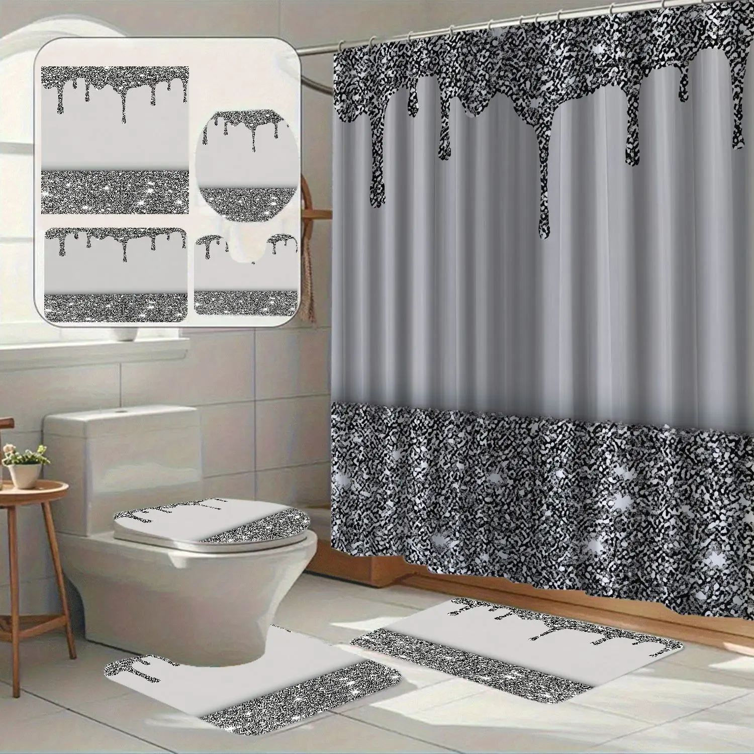 Silver Glitter Drop Print Shower Curtain Set, Luxury Minimalist Style, Waterproof Polyester, Includes Rug and Toilet Mat