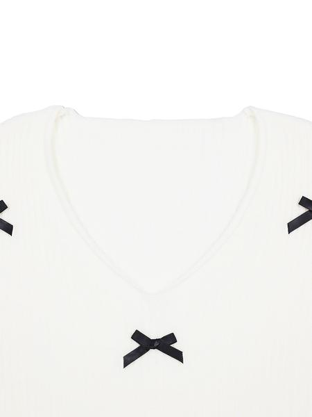 Elegant V Neck Bow Decor Sweater Knitwear, Short Casual Knit Pullover for Fall & Winter, Versatile Fashionable Women's Top