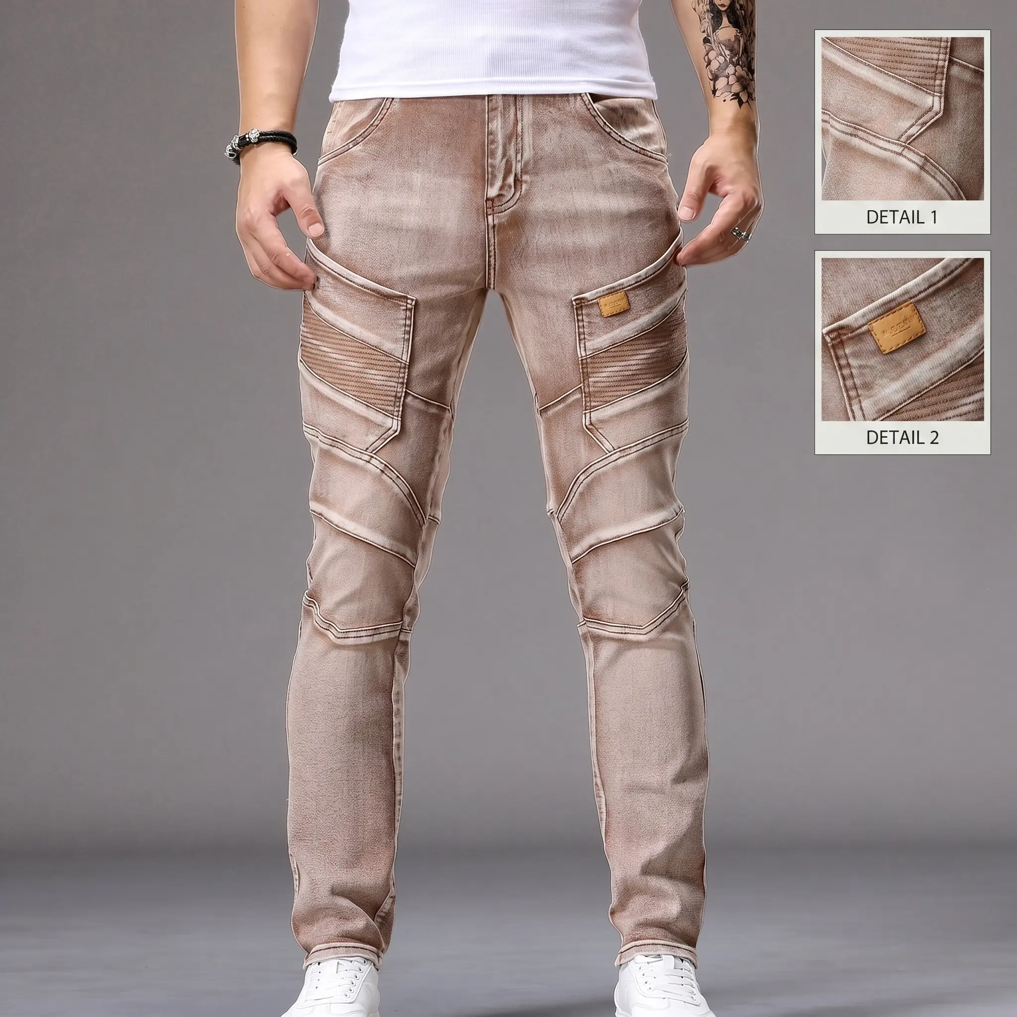 Men's Vintage Wash Biker Denim Jeans - 34 Length, Slim Fit, Skinny Leg, Ribbed Panel Pockets, Distressed, Stretchy, Blue/Brown Wash - Blue Men's Jeans for Motorcycle Riding, Streetwear (Teens/Young Adults), 34 Length Men's Jeans