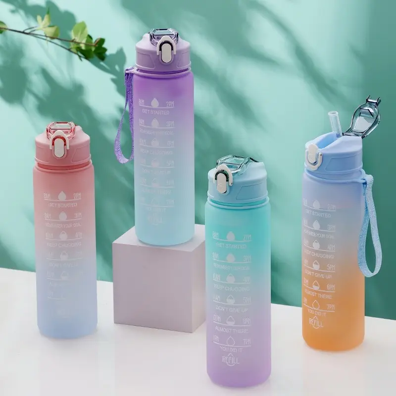 750Ml large-capacity sports water cup elastic cover gradual change color plastic cup drinking outdoor travel portable straw water cup