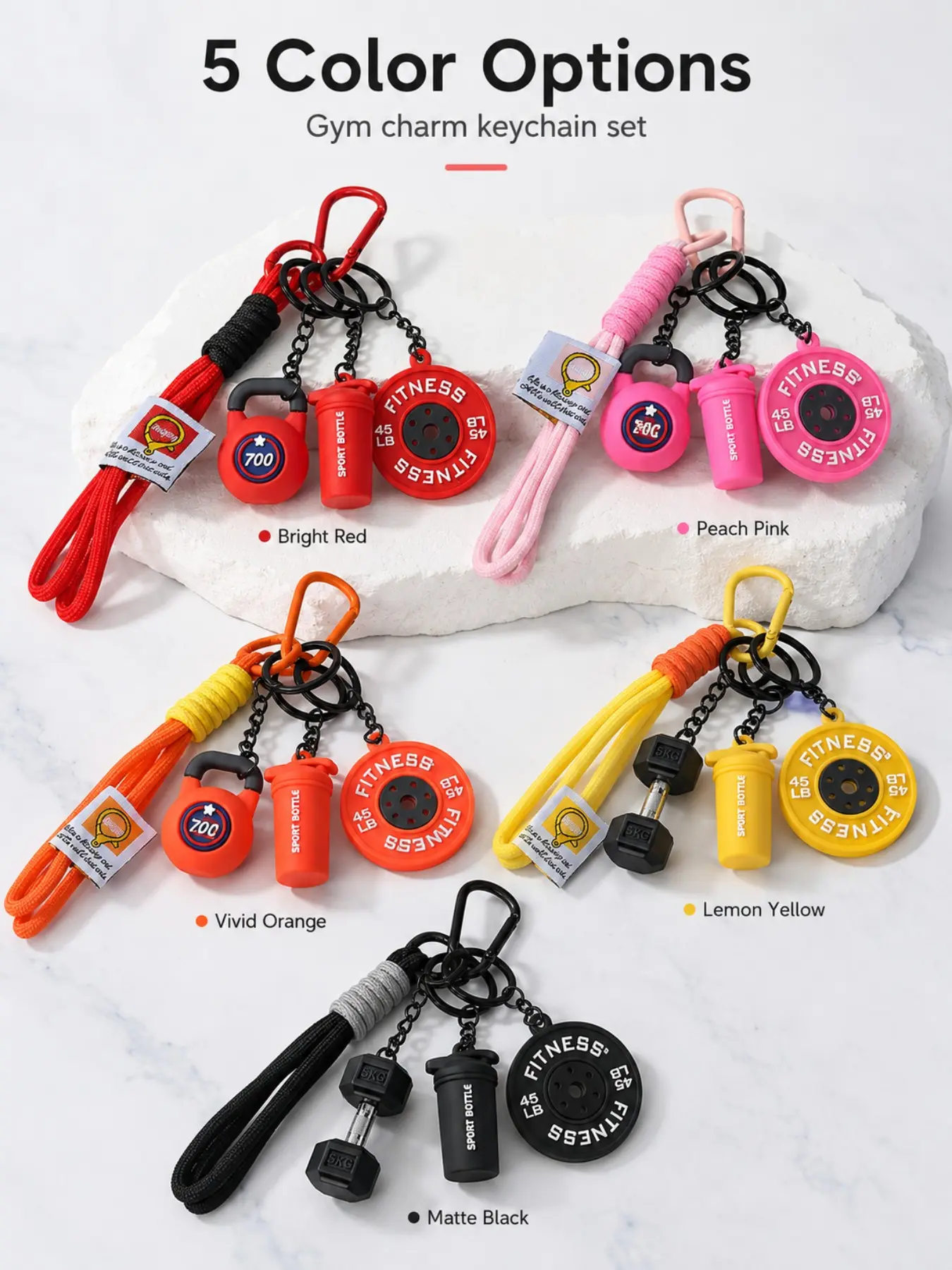 Dopamine Fitness Equipment Silicone Wrist Lanyard Keychain, Waterproof kettlebell Dumbbell Weight Plate Protein Shaker Bottle Bag Charm, CarKeychain Matching Color Braided Strap & Metal Carabiner Accessories for daily wear, for Fitness enthusiast