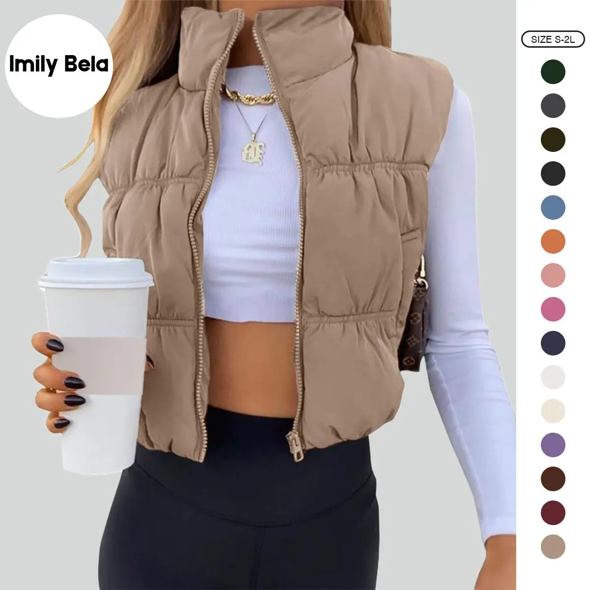 Imily Bela Women's Vintage Crop Puffer Vest - Lightweight, Sleeveless, Zipper-Closure Padded Outdoor Garment with Stand Collar, Adjustable Drawstring Hem