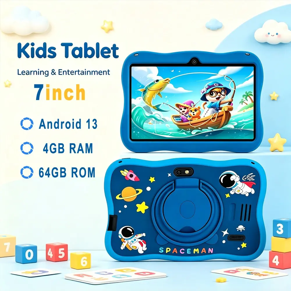 7 Inch Kids Tablet Android 13 OS 4GB RAM 64GB ROM WiFi Tablet, Android Tablet Computer, with 360° Rotating Stand Shockproof Silicone Case Dual Camera Parental Control Learning & Entertainment Holiday Birthday Gift for Boys Girls Ages 3 to 12