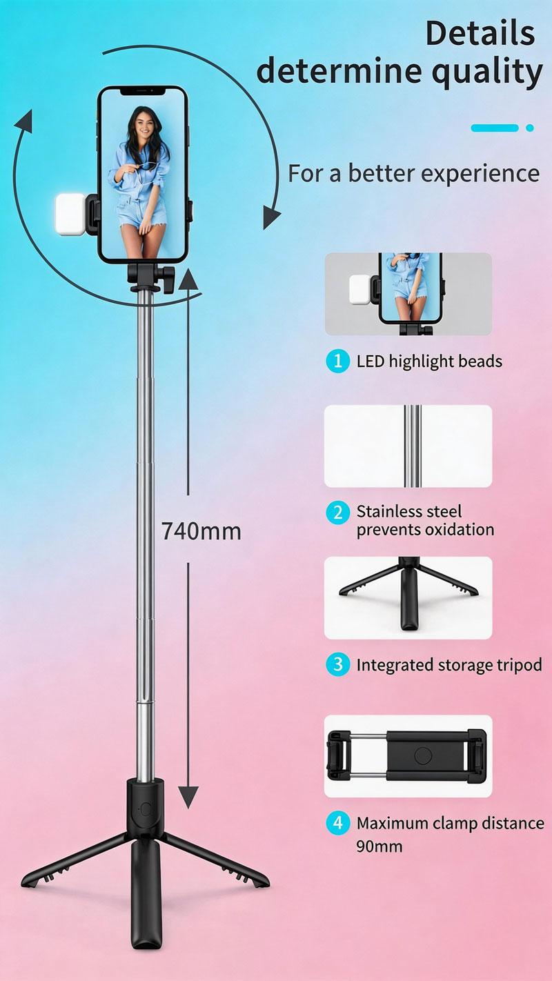 Foldable Bluetooth Selfie Stick Extendable Portable Multi-Function Tripod for iOS Android with Wireless Remote Shutter