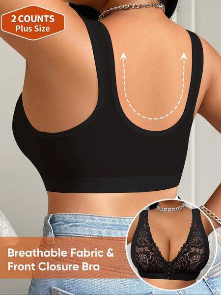 Women's Backless Bra Set, Full Coverage Plus Size Wireless Push Up, Soft Breathable Lace Floral Pattern, Medium Support All Seasons