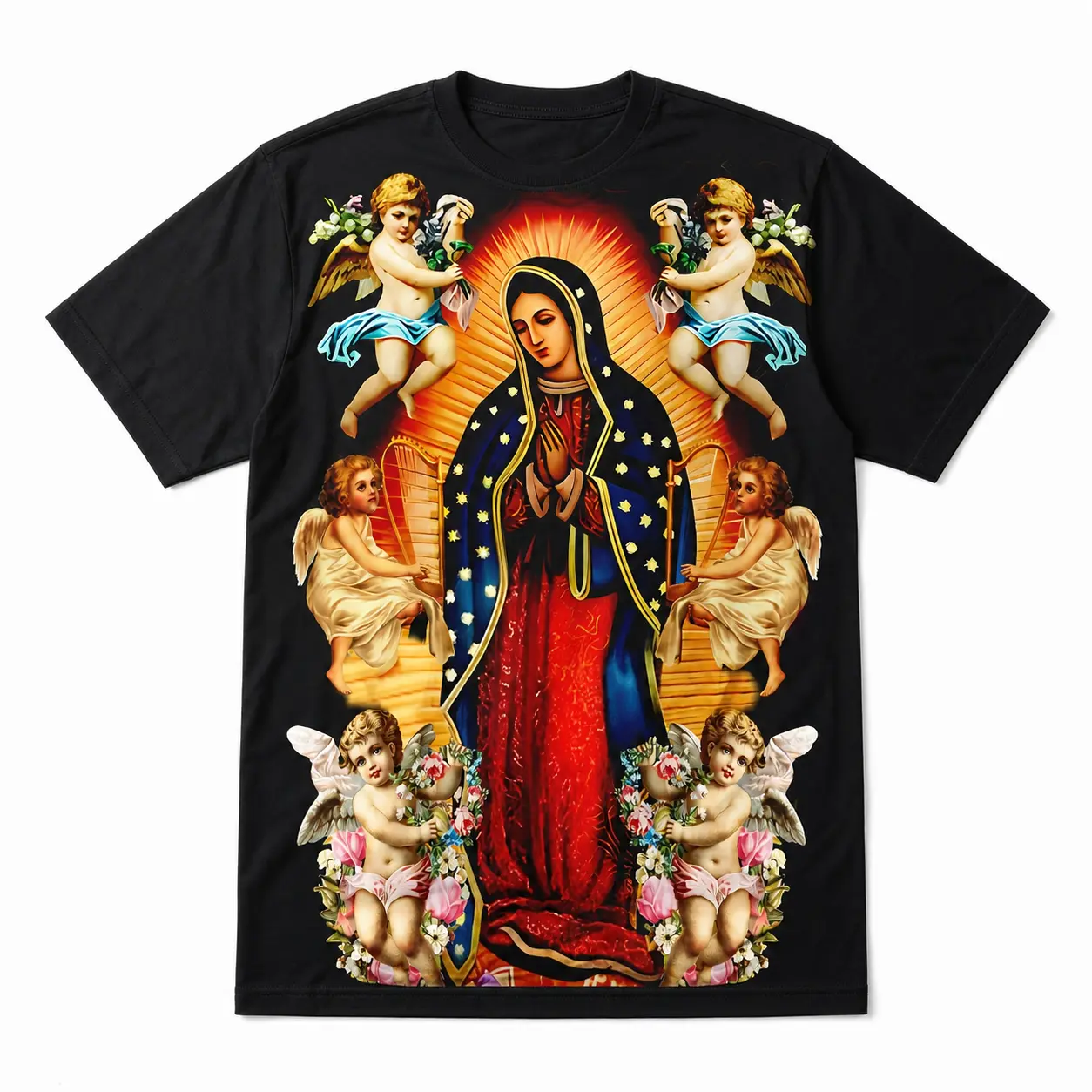Men's Our Lady of Guadalupe surrounded byangels and flowers Graphic T-Shirt, ShortSleeve Crew Neck All Over Print Tee, CasualStatement Top, Guadalupe graphic shirt, VirginMary tee, Catholic T-shirt, religious apparel,faith gift, Everyday Wear