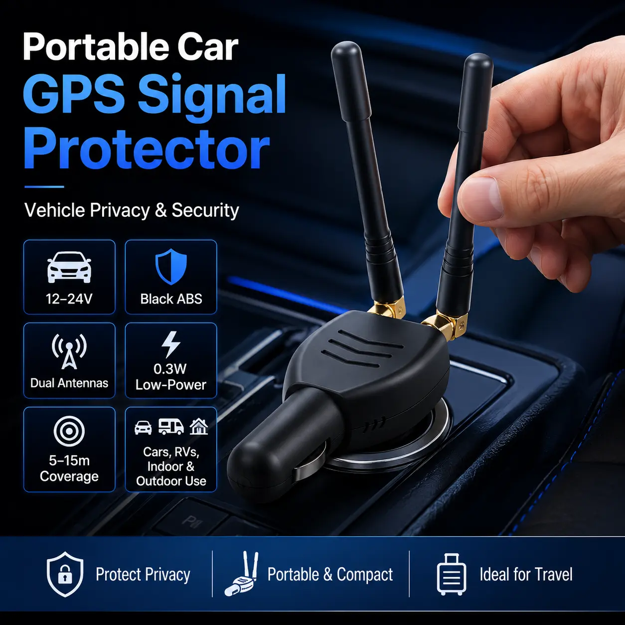 Portable Car GPS Signal Protector for Vehicle Privacy & Security, 12–24V Black ABS Dual-Antenna Travel Accessory, 0.3W Low-Power Design with 5–15m Coverage for Cars, RVs, Indoor & Outdoor Use