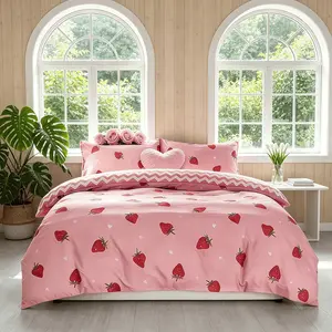 This 3-piece strawberry-print bedding set contains 1 duvet cover and 2 pillowcases (no inner fillers), featuring soft comfy fabric for warm & fresh-style home bedrooms.