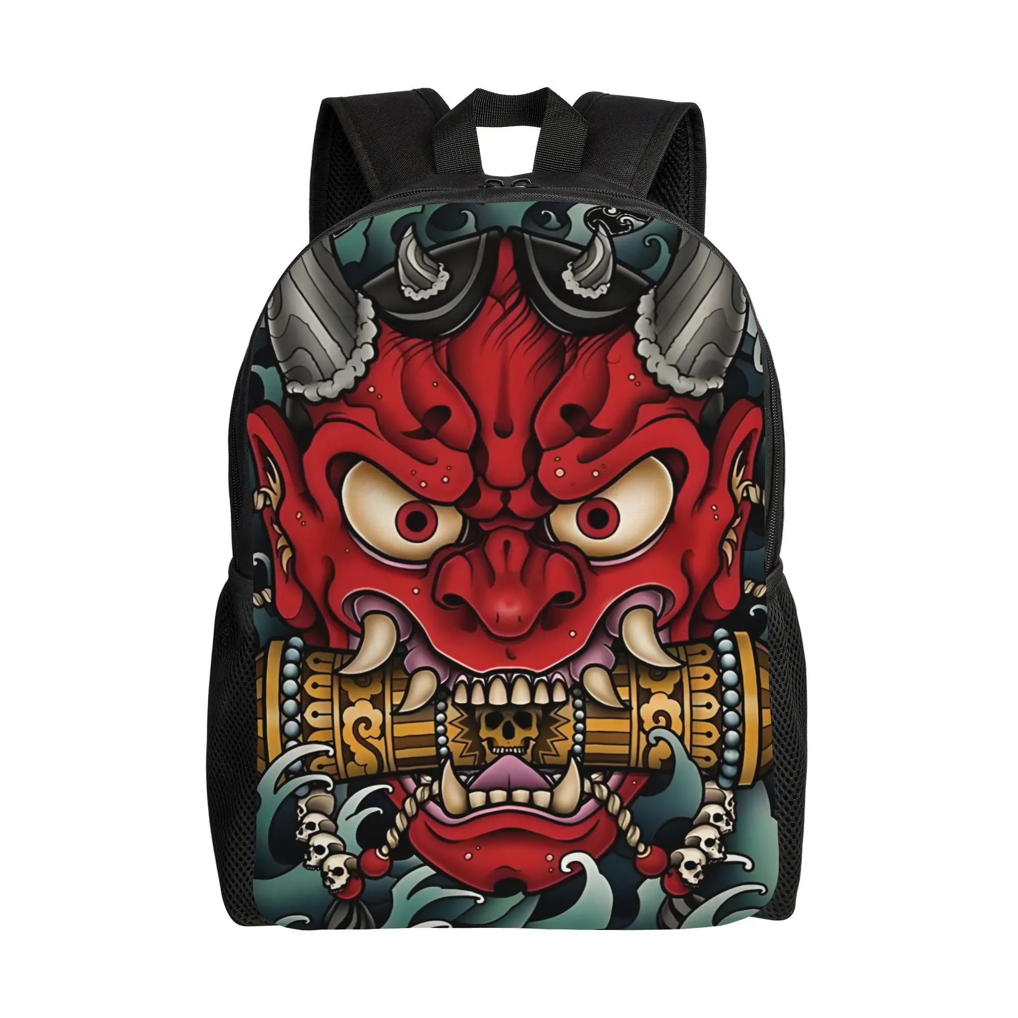 Women's Vintage 90s Japanese Oni All Over Print PVC Backpack - Multi-Function Oxford Cloth Daypack, Water-Repellent, High-Capacity, Breathable, Adjustable Shoulder Strap, Hand Wash Only, Culturally Themed for Campus Back to School Hauls