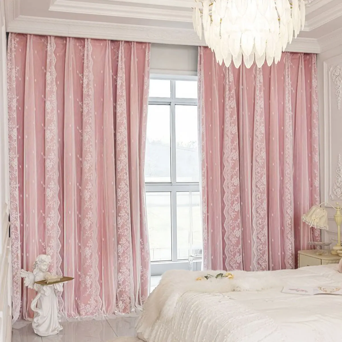 2pcs Cherry Blossom Lace Curtain, French Princess Style, Dual Layer Four Hook, Translucent Fabric, Window Curtain, Floral Sheer Curtains, Bedroom Wedding Airbnb Curtains