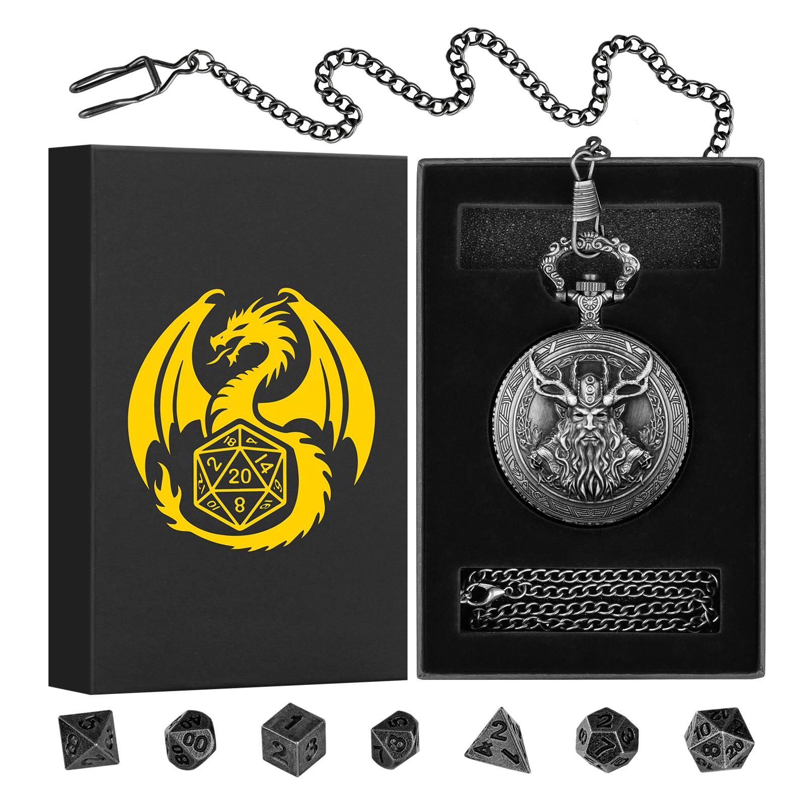 Druid Half Orc Design Pocket Watch Gift Box Set, 1 Set Vintage Pocket Watch with 1 Count Chain & 7 Counts Dice, Role Playing Game Dice Props