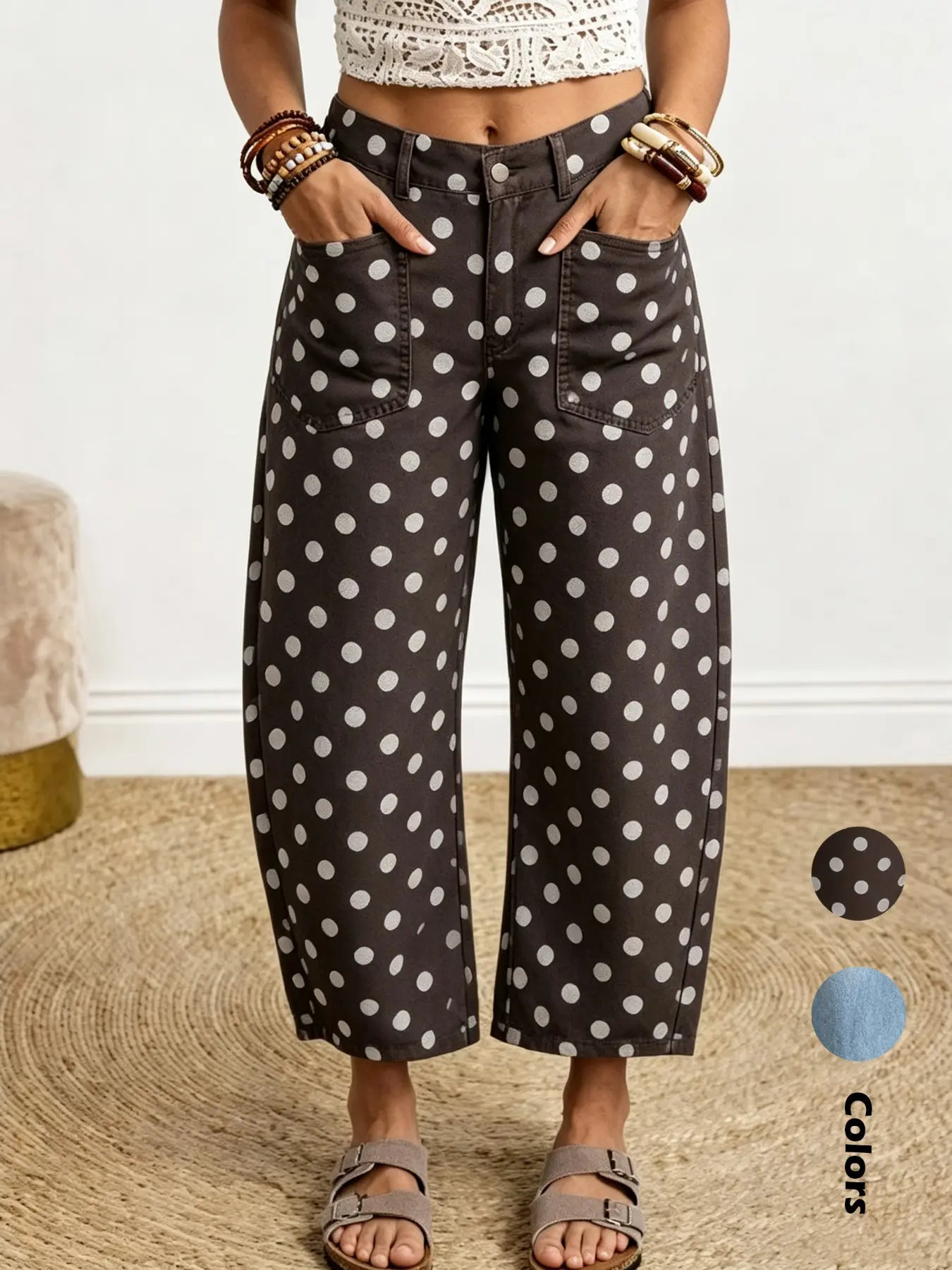 Women's Polka Dot Vintage Elegant Denim Jeans Pants, Elastic Waist, Loose Fit, Ankle Length, Casual Daily Wear, Comfortable Wide Leg Style