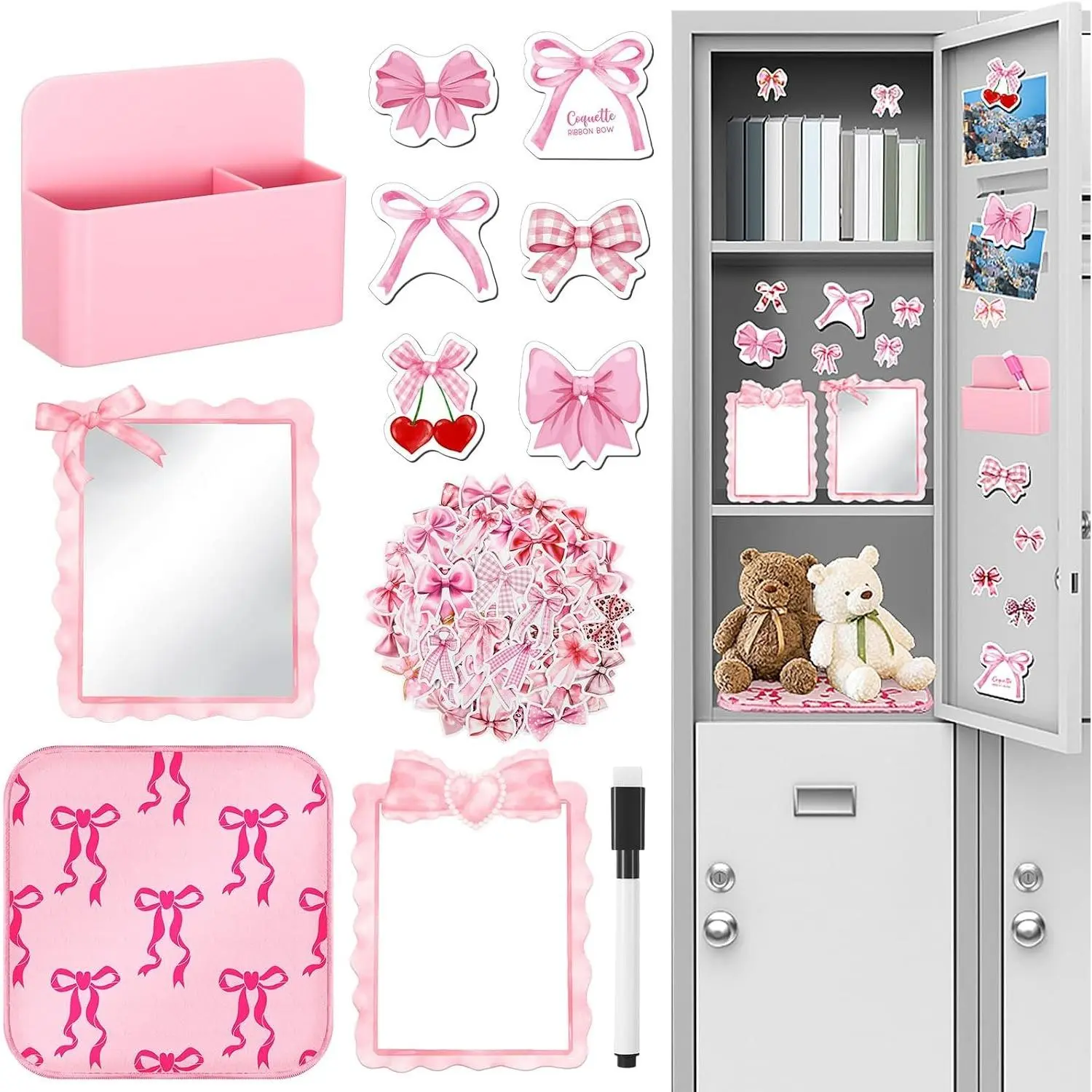 12 Pcs Magnetic Locker Accessories Include Locker Organizer Pen Holder Preppy Stickers Mirror Faux Fur Rug Whiteboard Marker Magnet, Back to School Essentials(Coquette Bow)