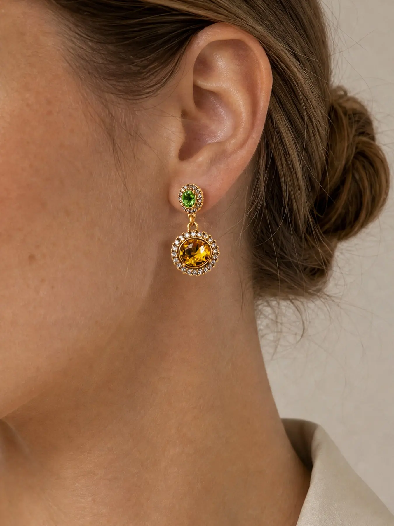 Vintage Retro Victorian Two Tier Round Halo Crystal Dangle Stud Earrings Antique Gold Tone Nickel Free H65 Brass Peridot & Citrine Tone Stone Double Circle Drop For Women Daily Banquet Birthday Gift For Her