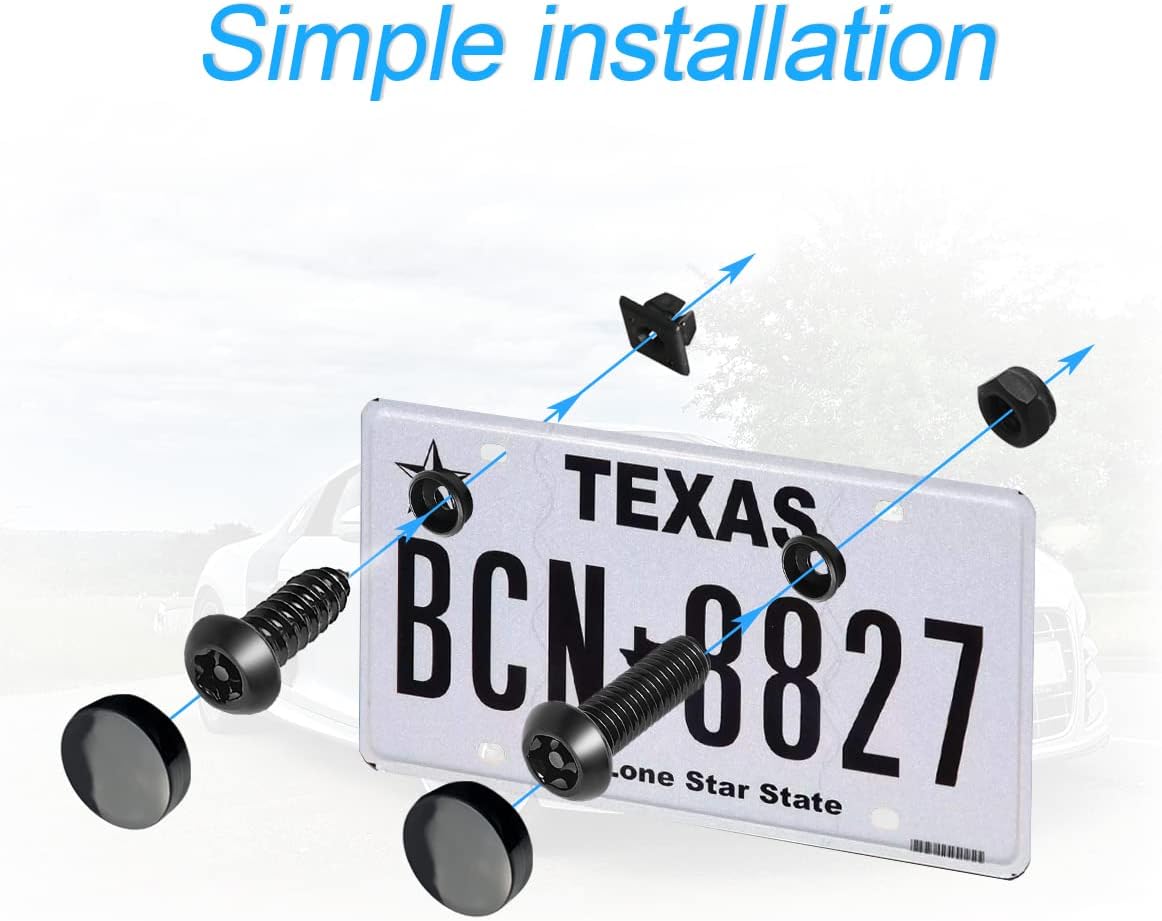 Anti  License Plate Screws Kits- Rustproof Stainless Steel  Tag Plate Mounting Hardware, M6 (1/4") Tamper Proof Fastener Nut, Caps Cover for Front Rear Frame Holder MountingAT-Black/8