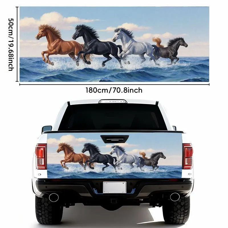 1pc 50*180cm5 Horses Galloping on Turbulent Sea Car Tail Sticker - Waterproof Self-Adhesive Vinyl Bumper Sticker, Dynamic Ocean Waves & Clear Sky Design, Easy to Apply & Remove, Weather Resistant, Suitable for Most Car Models,  Vehicle Customization