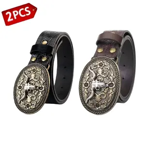 【2pcs】Vintage Cowboy Belts Unisex Two-Tone Longhorn Skull Floral Buckle