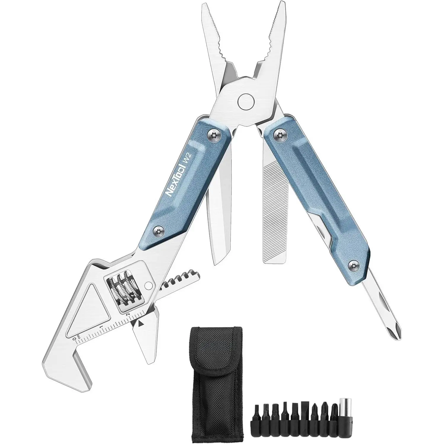 W2 Multi-tool with Adjustable Wrench, 8-in-1 EDC Tool | Wide Jaw Opening Wrench, Multitool pliers, Safety Locking, 9 bits set, Easy to Carry for Cycling, Outdoor, Repairs