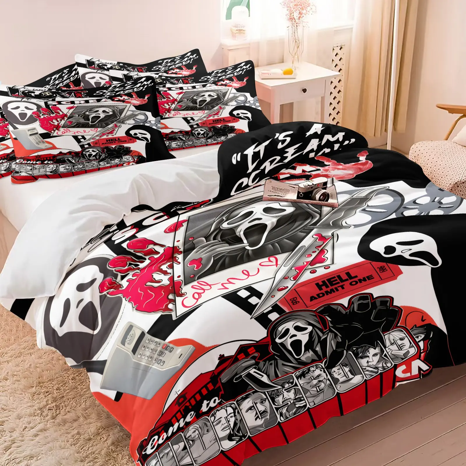 American Comic Style Ghost Face Print Duvet Cover Set-1 Duvet + 1-2 Pillowcases-Creepy Cute Retro Street Punk Style-Soft Comfort Bedding-Ideal for Movie Fans' Bedroom Dorm Gaming Room Holiday Decor