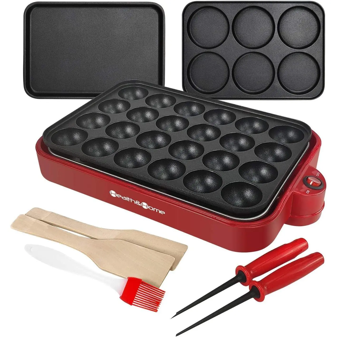 Multifunction Nonstick Baking Maker with 3 Interchangeable Baking Plates for Fried Eggs, Fried Steak, Takoyaki, Cake Pops, Grill Maker, RED-1
