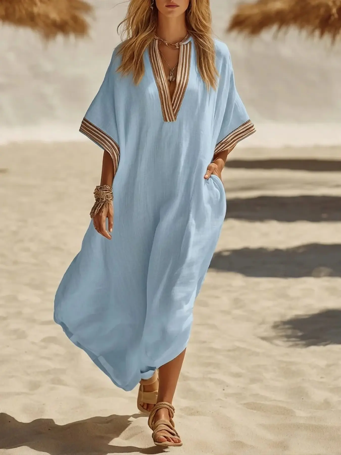 Women's New Bohemian Beach Boho Kaftan Dress, Boho Caftan, Loose Fit Long Sleeve, Deep V Neck, Striped Hem, Summer Vacation Wear, All Seasons