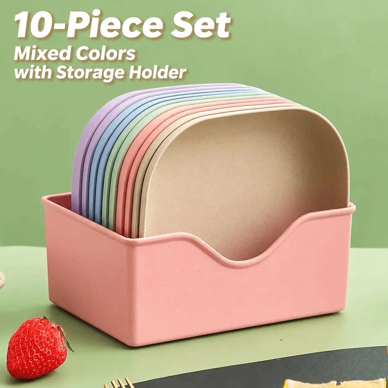 10 Pack Small Plastic Snack Plates with Storage Holder, Reusable Square Appetizer & Dessert Plates for Snacks, Fruit, Nuts, Seafood Shells, Bones & Food Scraps, Stackable Tableware Set