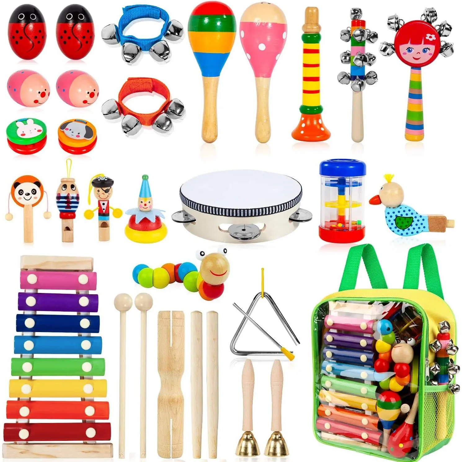 Wooden Percussion Instruments Set for Kids - 33 Pieces of 18 Types Including Tambourines, Xylophones - Early Childhood Education Party Bag Gifts for Boys & Girls, Boys And Girls