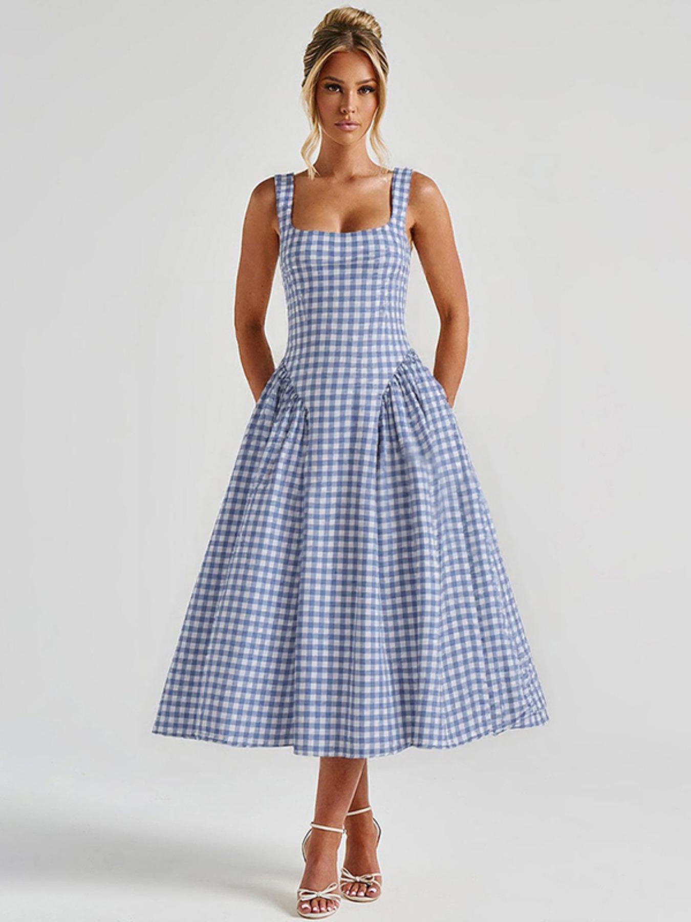 Women's Gingham Print  Square Neck Tank Dress, Chic Fashion Casual Sleeveless A Line Dress for Daily Outdoor Wear, Ladies Dress for Summer