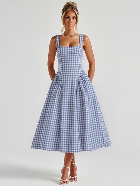 Women's Gingham Print  Square Neck Tank Dress, Chic Fashion Casual Sleeveless A Line Dress for Daily Outdoor Wear, Ladies Dress for Summer